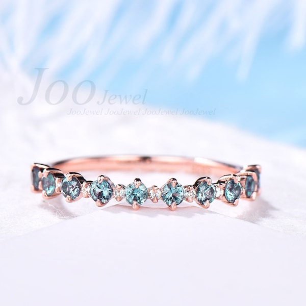 Alexandrite wedding band Alexandrite ring for women vintage rose gold silver ring half eternity diamond ring Personalized anniversary ring