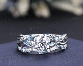 6.5mm Round Lab Grown Diamond Engagement Ring Marquise Aquamarine Twig Vine Twisted Band Wave Matching Wedding Bridal Set  in 14K White Gold