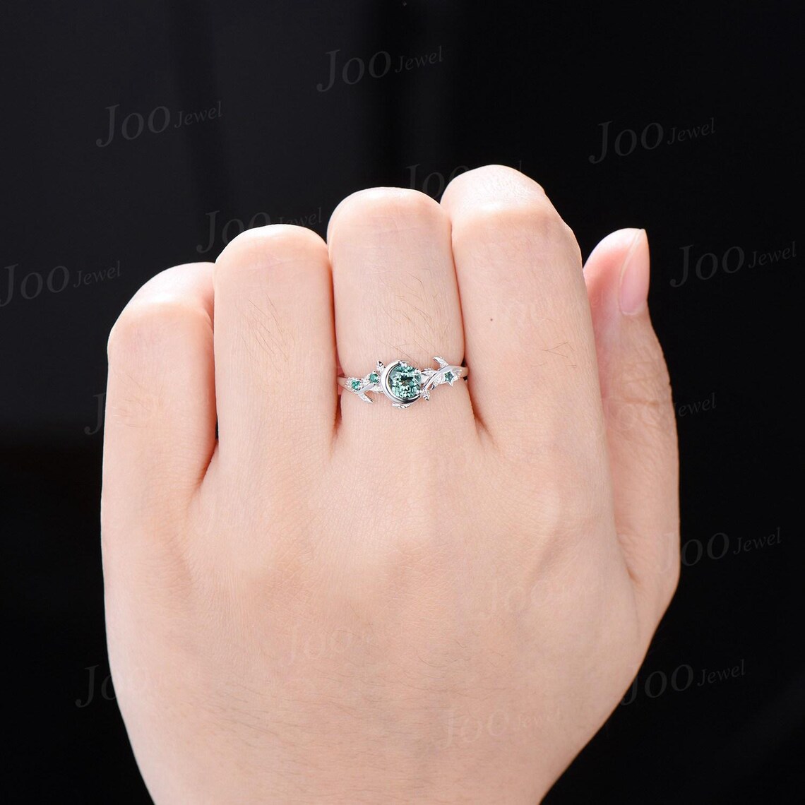 Nature Inspired Green Sapphire Ring Moon Star Design Vintage 1ct Round ...
