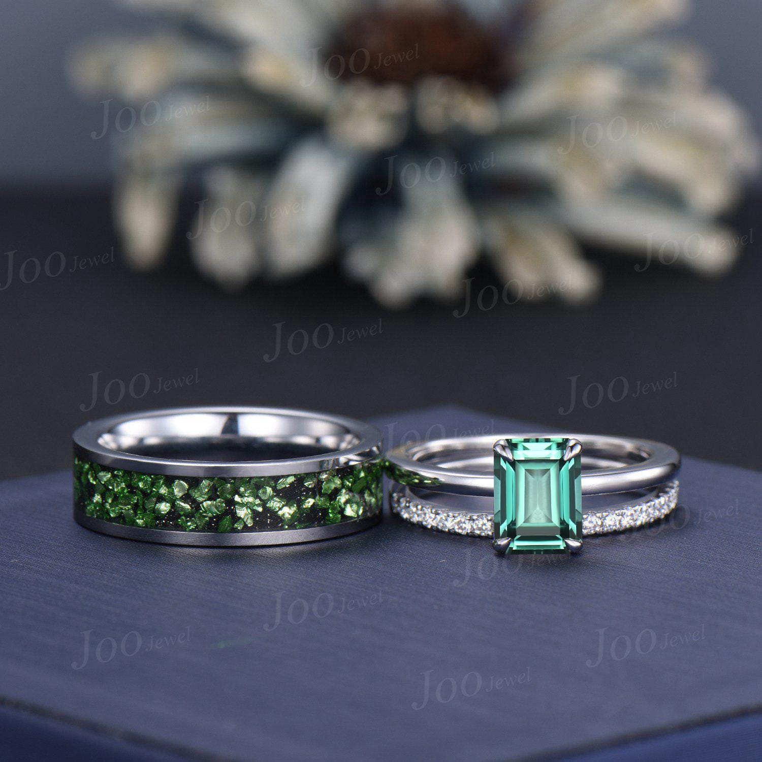 2ct Emerald Cut Green Sapphire Matching Couple Ring Set Sterling