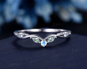 Marquise Natural Moonstone Moss Agate Contour Wedding Band 10K White Gold Moss Nesting Band Vintage Stacking Matching Bridal Gift for Women
