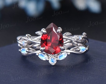 1.25ct Nature Inspired Ruby and Moonstone Bridal Set Sterling Silver Twig Vine Teardrop Ruby Ring Set July Birthstone Jewelry Wedding Gifts