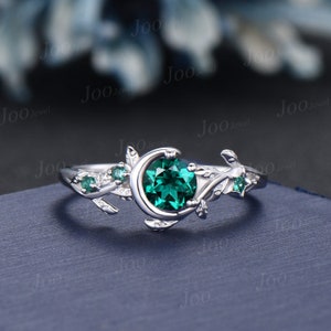 Moon Star Design Round Emerald Promise Ring 10K White Gold Nature Inspired Green Emerald Engagement Ring Branch Leaf Emerald Wedding Rings