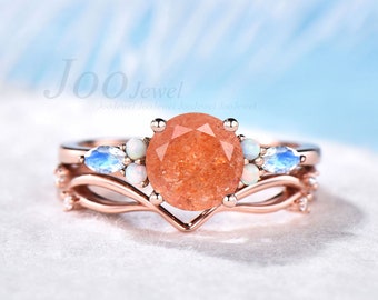 Natural Moonstone Sunstone Engagement Ring Vintage Three-Stone Wedding Ring Round Sunstone Ring Set Real Moonstone Opal Bridal Ring Women