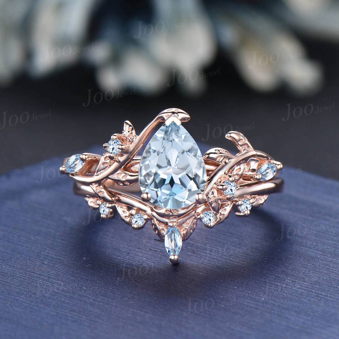 Pear Shaped Natural Aquamarine Engagement Ring Set Rose Gold Leaf