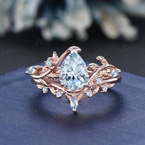 Pear Shaped Natural Aquamarine Engagement Ring Set Rose Gold Leaf Branch Nature Inspired Aquamarine Wedding Ring Set for Women Jewelry Gifts