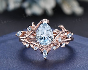 Pear Shaped Natural Aquamarine Engagement Ring Set Rose Gold Leaf Branch Nature Inspired Aquamarine Wedding Ring Set for Women Jewelry Gifts