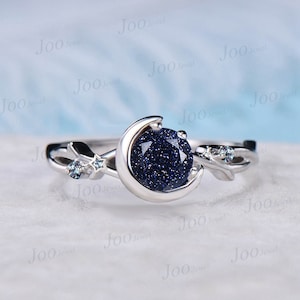 5mm Round Galaxy Blue Sandstone Ring Starry Sky Moon Star Cluster Alexandrite Nature Twig Vine Blue Goldstone Ring Celestial Promise Ring