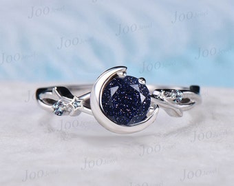 5mm Round Galaxy Blue Sandstone Ring Starry Sky Moon Star Cluster Alexandrite Nature Twig Vine Blue Goldstone Ring Celestial Promise Ring