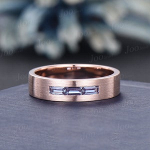 14K Rose Gold Color-Change Alexandrite Matte Wedding Band 6MM Mens Baguette Alexandrite Promise Rings Brushed Band Marriage Ring For Male