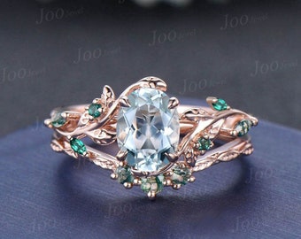 Natural Aquamarine Engagement Ring Set 14K Rose Gold Leaf Branch Nature Inspired Green Emerald Moss Agate Oval Wedding Ring for Women Gifts