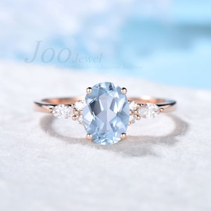 1.5ct Oval Cut Natural Aquamarine Engagement Ring Vintage Unique Marquise Cut Cluster Moissanite Ring Solid 14K/10K Rose Gold Wedding Gift