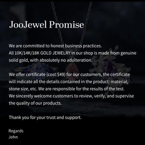 May include: Image with the text "JooJewel Promise" and a description of the shop's commitment to honest business practices. The text states that all gold jewelry is made from solid gold and offers certificates with product details.