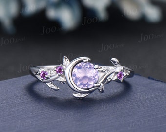 Moon Star Round Natural Lavender Amethyst Promise Ring White Gold Nature Inspired Engagement Ring Branch Leaf Crystal Amethyst Wedding Ring