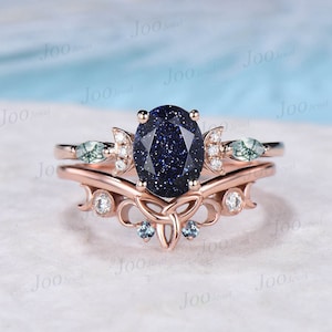 1.5ct Oval Galaxy Blue Sandstone Celestial Engagement Ring Triple Moon Alexandrite Band Rose Gold Moss Agate Blue Goldstone Moon Phase Ring