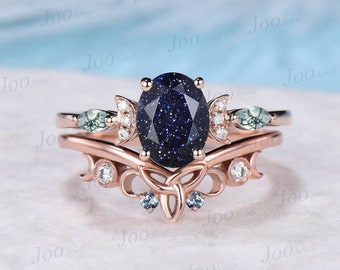 1.5ct Oval Galaxy Blue Sandstone Celestial Engagement Ring Triple Moon Alexandrite Band Rose Gold Moss Agate Blue Goldstone Moon Phase Ring