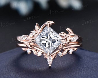 7mm Princess Cut Moissanite Engagement Ring Set 14K Rose Gold 2CT Moissanite Diamond Bypass Wedding Ring Leaf Vine Branch Bridal Set Women