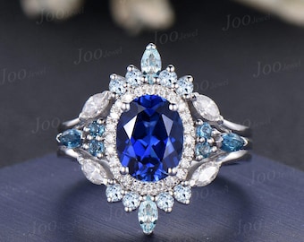3pcs Oval Cut Blue Sapphire Soldered Bridal Set 2CT White Gold Engagement Ring London Blue Topaz Aquamarine Moissanite Enhancer Welded Ring