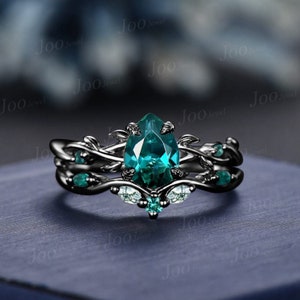 Zwart goud groene smaragd verlovingsring set 1,25 CT Twig Vine Pear Emerald Moss Agate trouwring set Goth Black Promise Ring vrouwen geschenken