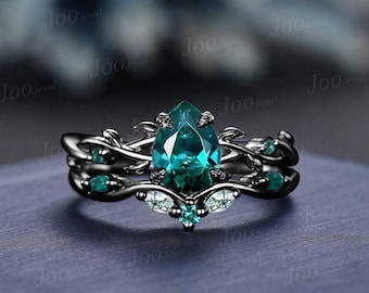 Anillo de compromiso esmeralda verde oro negro conjunto 1.25ct ramita vid pera esmeralda musgo ágata anillo de boda conjunto gótico negro promesa anillo mujeres regalos