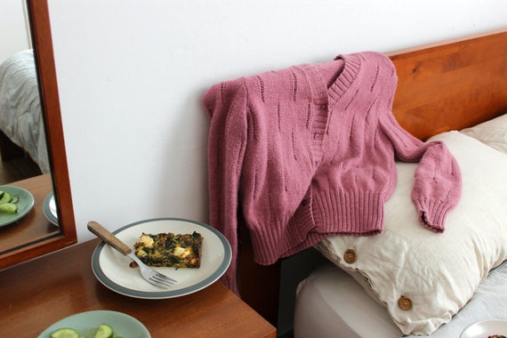 vintage handmade 1990s musk pink knit cardigan, wi