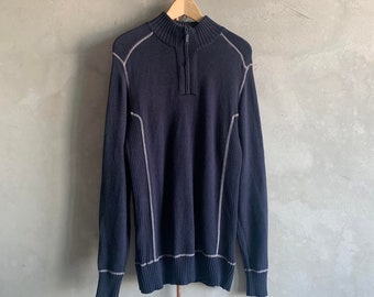 vintage navy quarter zip jumper with contrast stitch detail and ribbed neckline, shoulders, hem & sleeves