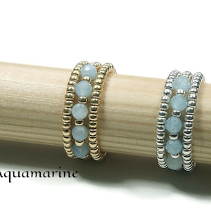 Natuurlijke aquamarijn stretchring, zilver/gouden ring, stretchring geboortesteen, stretchring aquamarijn kralen, elastische miyuki-ring kralen miyuki