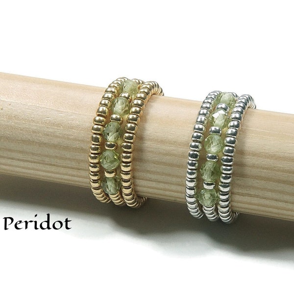 Natural Peridot Stretch Ring, Silver/Gold Ring, Birthstone Stretch Ring, Peridot Beaded Stretch Ring, Beaded Miyuki Elastic Ring