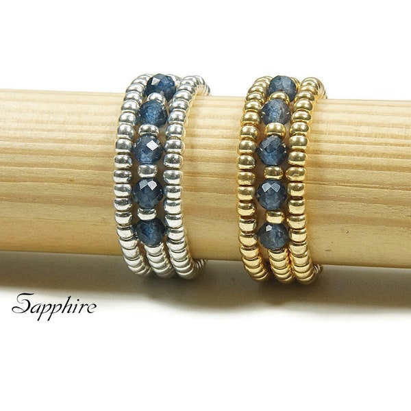 Natural Sapphire Stretch Ring, Silver/Gold Ring, Birthstone Gemstone Stretch Ring, Sapphire Beaded Stretch Ring, Beaded Miyuki Elastic Ring