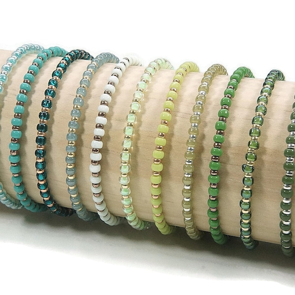 Elastische kralen stretcharmbanden in tinten groen, Miyuki kralen armbanden, minimalistische stretcharmbanden, vriendschap stretcharmbanden