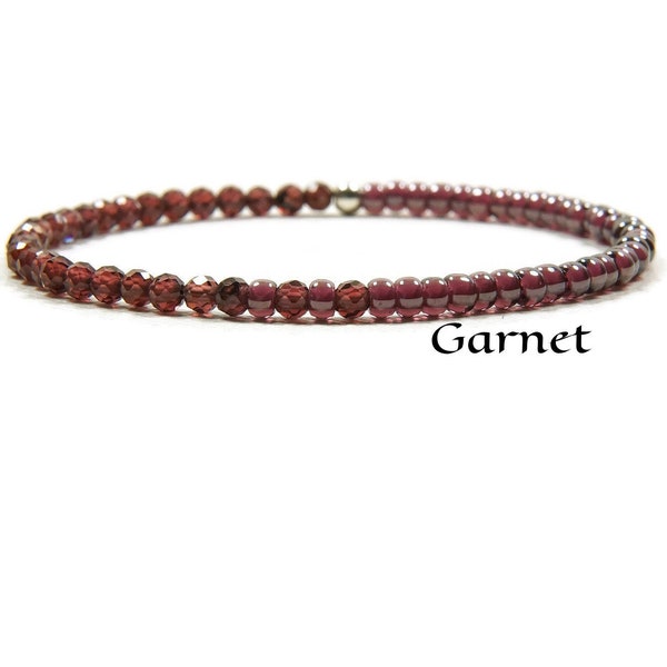 Natural Garnet Bracelet - Sterling Silver Garnet Bracelet - Natural Stone Bracelet - Gemstone Bracelet, Stretch Bracelet