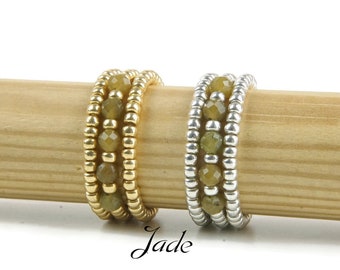 Natuurlijke groene jade stretch ring, zilveren/gouden ring, jade stretch ring, jade kralen stretch ring, kralen Miyuki elastische ring