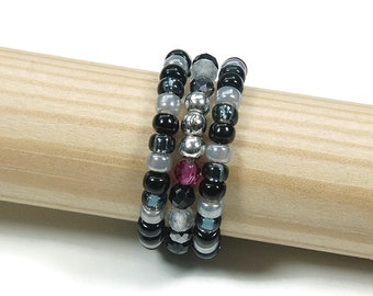 Labradorite - Pink Ruby - Black Spinel, Hematite Stretch Gemstone Ring, Elastic Stack Ring, Womans Gift, Gemstone Stretch Ring,Boho Ring