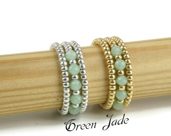 Natuurlijke groene jade stretch ring, zilveren/gouden ring, jade stretch ring, groene jade kralen stretch ring, kralen Miyuki elastische ring