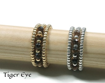 Natuurlijke Tiger Eye Stretch Ring, Zilver/Gouden Ring, Tiger Eye Stretch Ring, Tiger Eye Beaded Stretch Ring, Beaded Miyuki Elastic Ring