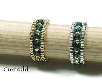Natürlicher Smaragd-Stretch-Ring, Silber/Gold-Ring, Geburtsstein-Stretch-Ring, Smaragd-Perlen-Stretch-Ring, Perlen-Miyuki-Elastikring