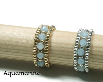 Natural Aquamarine Stretch Ring, Silver/Gold Ring, Birthstone Stretch Ring, Aquamarine Beaded Stretch Ring, Beaded Miyuki Elastic Ring