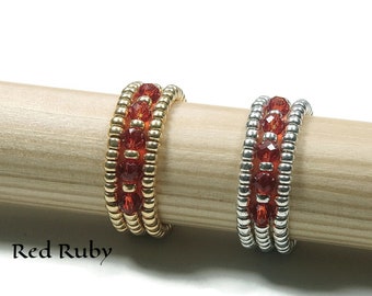 Natuurlijke rode robijn stretch ring, zilveren/gouden ring, geboortesteen stretch ring, rode robijn kralen stretch ring, kralen Miyuki elastische ring