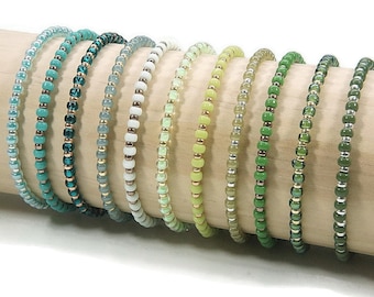 Elastic Beaded Stretch Bracelets in Shades of Green, Miyuki Beads Bracelets, Minimalist Stretch Bracelets, Friendship Stretch Bracelets