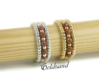 Natuurlijke Goldsand stretch ring, zilveren/gouden ring, stretch ring, Goldsand kralen stretch ring, kralen Miyuki Goldsand elastische ring