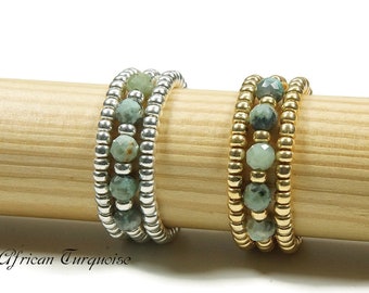 Natuurlijke Afrikaanse turquoise stretch ring, zilveren/gouden ring, edelsteen stretch ring, turquoise kralen stretch ring, kralen Miyuki elastische ring