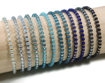 Elastic Beaded Stretch Bracelets in Shades of Blue, Miyuki Beads Bracelets, Minimalist Stretch Bracelets, Friendship Stretch Bracelets