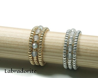 Natuurlijke labradoriet stretch ring, zilveren/gouden ring, labradoriet stretch ring, labradoriet kralen stretch ring, kralen Miyuki elastische ring