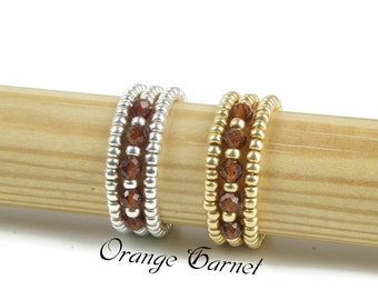 Natuurlijke oranje granaat stretch ring, zilveren/gouden ring, stretch ring, granaat kralen stretch ring, kralen Miyuki oranje granaat elastische ring