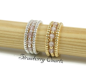 Natuurlijke aardbei kwarts stretch ring, zilveren/gouden ring, stretch ring, kwarts kralen stretch ring, kralen Miyuki kwarts elastische ring