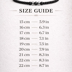 May include: Black beaded bracelet with metallic accents. The image includes a size guide, with measurements ranging from 15 cm (5.9 in) to 22 cm (8.7 in). The text "SIZE GUIDE" is also visible.