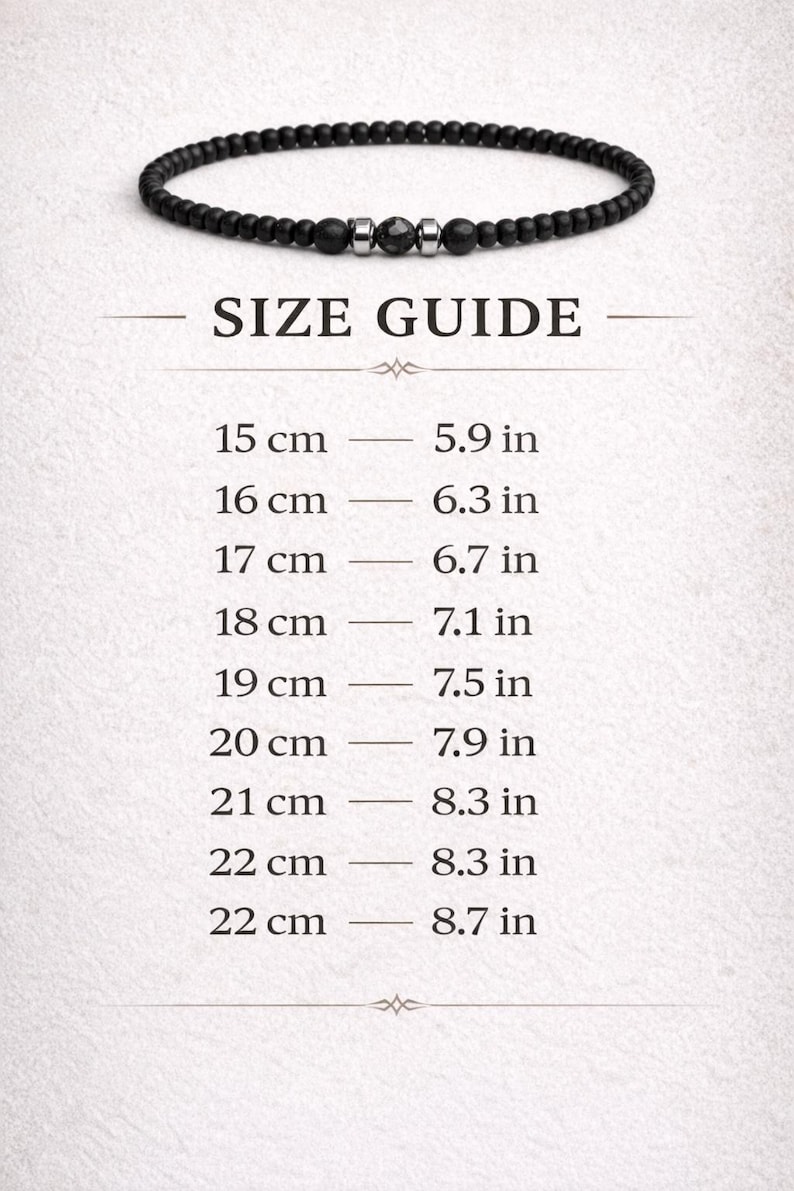May include: Black beaded bracelet with metallic accents. The image includes a size guide, with measurements ranging from 15 cm (5.9 in) to 22 cm (8.7 in). The text "SIZE GUIDE" is also visible.