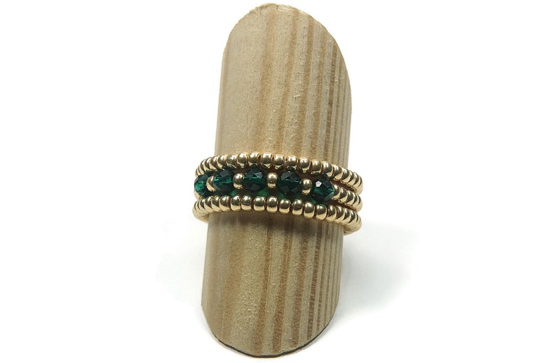 Natural Emerald Stretch Ring, Silver/Gold Ring, Birthstone Stretch Ring, Emerald Beaded Stretch Ring, Beaded Miyuki Elastic Ring Gold