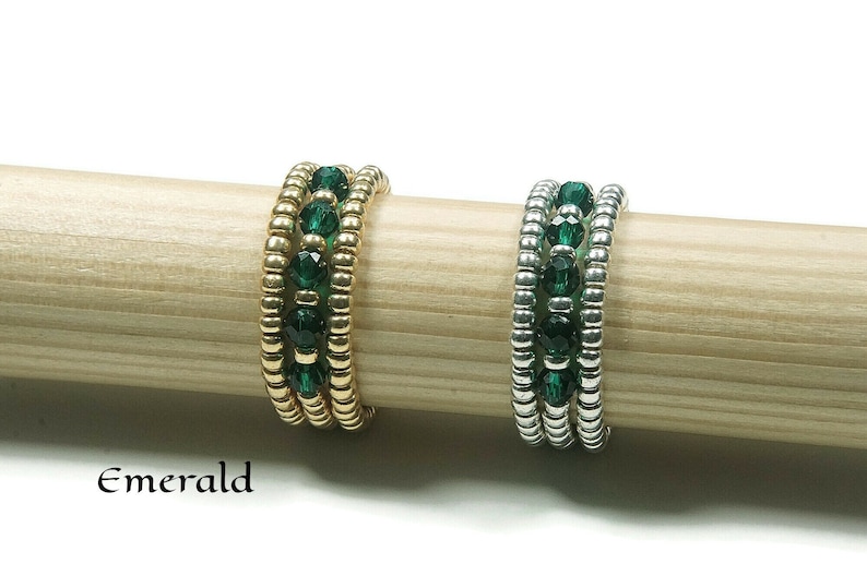 Natural Emerald Stretch Ring, Silver/Gold Ring, Birthstone Stretch Ring, Emerald Beaded Stretch Ring, Beaded Miyuki Elastic Ring image 1