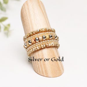 Stretch Beaded Ring Silver/Gold, Elastic Stacking Ring, Silver/Gold Picasso Yellow Stretch Ring, Girlfriend Gift, Bohemian Ring of Five